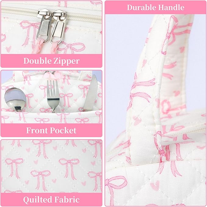 Quilted Lunch Box for Women,Lunch Box for Teen Girls,Cute Pink Bow Lunch Bags for Work, School,Office,Picnic,Travel (pink bow heart)