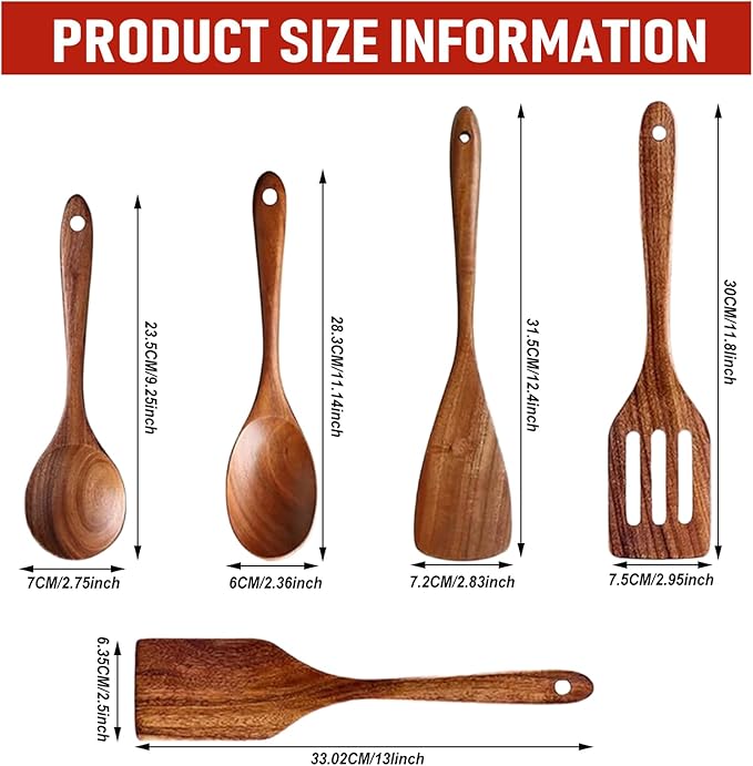 5 PCS Wooden Cooking Utensils Set, Kitchen Utensils Set, Wooden Spoons for Cooking, Non-Stick Heat-Resistant Wooden Spoons for Cooking, Ideal for Nonstick Cookware