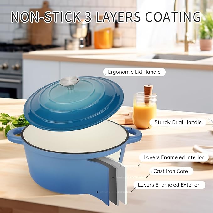6 Quart Enameled Cast Iron Dutch Oven Pot with Lid and Silicone Accessories, Oven Safe up to 500°F or on Stovetop, Non-stick Dutch Oven for Bread Baking, Cooking, Dual Handles Cookware, Light Blue