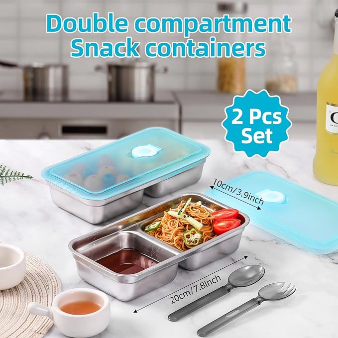 Stainless Steel Snack Containers with Lids, 2 Pack Reusable Grab and Go 2 Compartment Lunch Box for Travel & Outdoor Campin.
