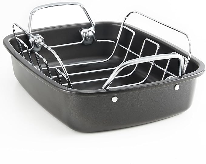 KITESSENSU Large Roasting Pan with Rack - 25 LB Nonstick Turkey Roaster Pan for Oven - Heavy Duty Carbon Steel Roasting Pan with Wider Handles for Chicken, Vegetables & Holiday Meals, Gray
