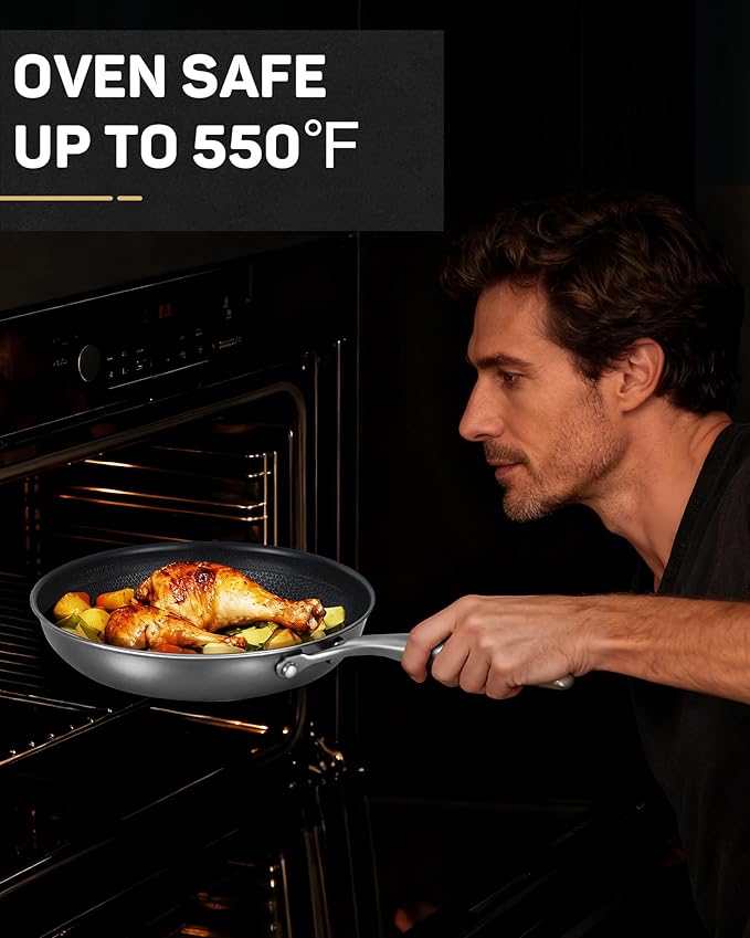 Stainless Steel Nonstick Frying Pan, Hybrid Ceramic 10-Inch Frying Pan, Stay-Cool Handle, PFAS & PFOA PTFE Free, Dishwasher & Oven Safe, Scratch-Resistant, Compatible with Induction & All Cooktops