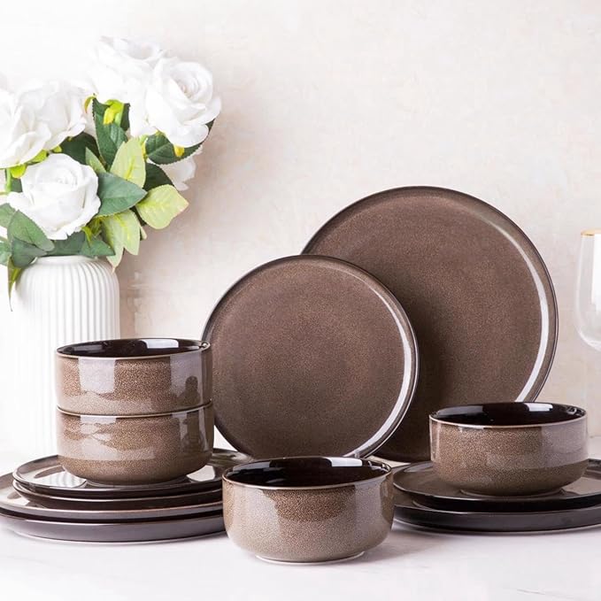 LeRatio Ceramic Dinnerware Sets for 4,12-Piece Plates and Bowls,Handmade Reactive Glaze Dishes Set, Scratch Resistant | Oven&Dishwasher & Microwave Safe,Service for 4（12pcs),Modern-Chestnut