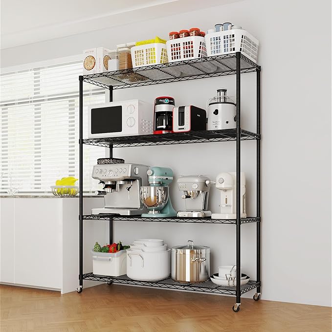 Karl home 4-Tier Storage Shelving with 2" Wheels, Adjustable Metal Shelves Wire Storage Rack for Garage Kitchen Basement,800LBS Capacity 64.96" H X 46.06" W X 17.7" D,Black