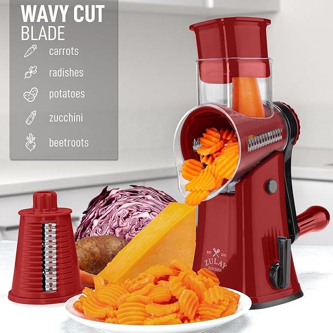 Zulay Kitchen Rotary Cheese Grater 5 Blade Cheese Shredder - Manual Hand Crank Cheese Grater With Reinforced Suction & 5 Interchangeable Drums - Easy to Use, Vegetable Chopper Round Mandoline Slicer