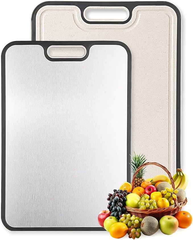Cutting Boards for Kitchen, 2 in 1 Titanium Cutting Board, Food-Grade Double Sided Pure Titanium & Wheat Straw PP Chopping Board for Meat/Vegetables
