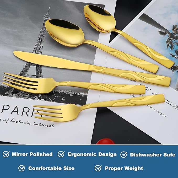 40 Pieces Gold Flatware Silverware Set, Stainless Steel Fork Spoon Knife Set Service for 8, Food Grade Cutlery Set 40-Piece, Dishwasher Safe