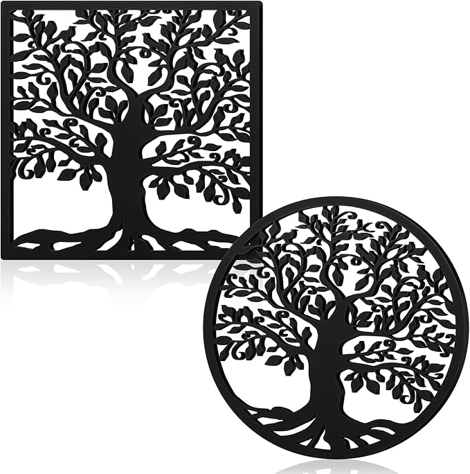 4 Pcs Cast Iron Trivet for Hot Dishes 7.1 Inch Metal Tree Trivet Set Dutch Oven Accessories Decorative Heat Resistant Tree Trivets with Rubber Feet Caps and Ring Hanger for Hot Pots and Pans