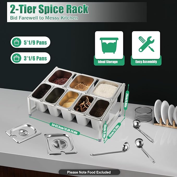 Expandable Spice Rack, 2-Tier Stainless Kitchen Spice Rack Organizer, 5x1/9 Pans + 3x1/6 Pans, Organizer Shelf with Lid, Countertop Holder for Spices Sauce Ingredients Fruits -8 Pans