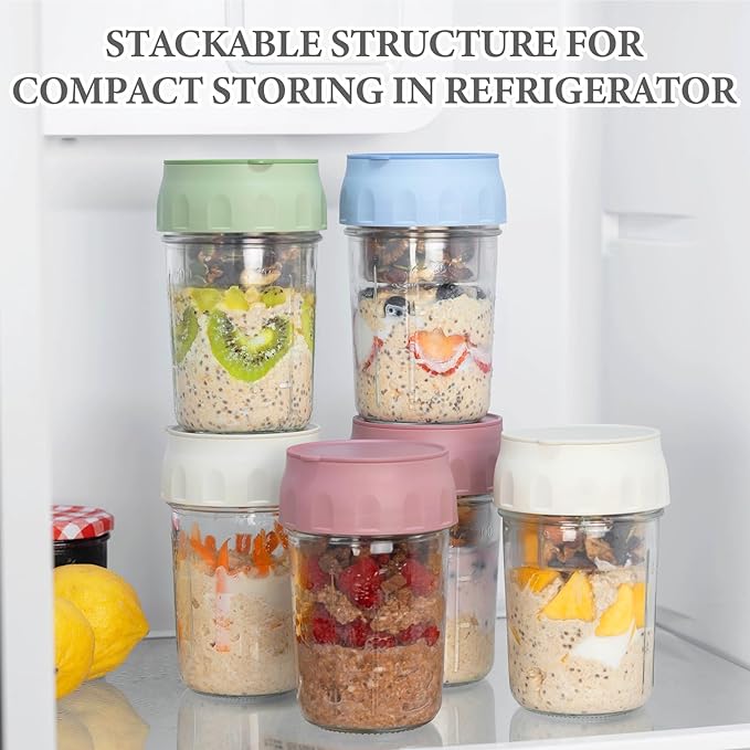 SOLIGT 2 Pack Overnight Oats Containers with Lids, Folding Spoons, and Divided Compartments for Fruit & Nuts, Small Glass 16oz Mason Jars for Oatmeal Yogurt Parfait (2 Set-Oat White/Organic Green)