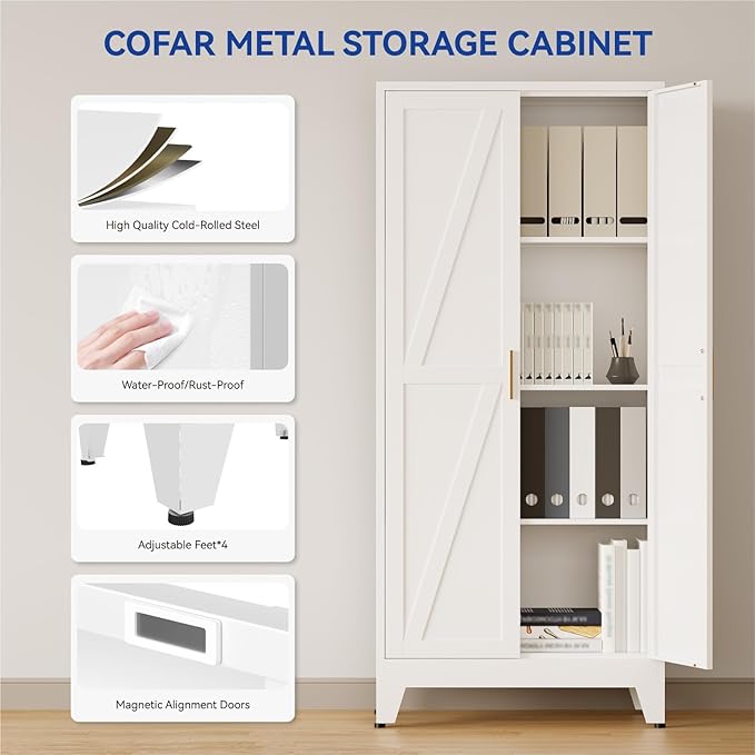 COFaR Metal Storage Cabinet, 61 in Tall Metal Cabinet with 3 Adjustable Shelves and Barn Doors, Farmhouse Cupboard Storage for Kitchen Pantry Garage Laundry, 4-Tier White