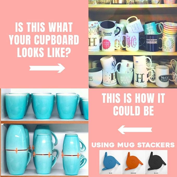 ELYPRO Mug Stacker 6-Pack – Coffee Bar Cup Holder & Cabinet Mug Organizer | Adjustable Stackable Mug Rack for Mugs & Glasses – Compact No Drilling Storage for Small Kitchens – Blue