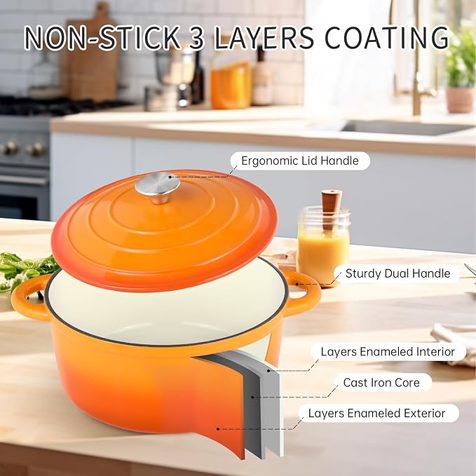 6 Quart Enameled Cast Iron Dutch Oven Pot with Lid, Oven Safe up to 500°F or on Stovetop, Non-stick Dutch Oven for Bread Baking, Cooking, Dual Handles Cookware, Orange