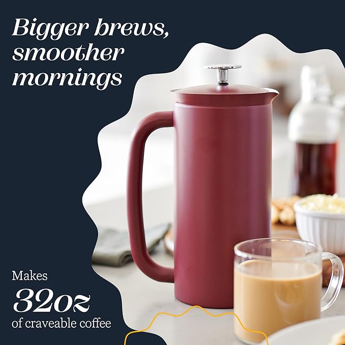 ESPRO P7 French Press Stainless Steel 304 – Patented Double Walled Micro-Filter Insulated French Press Coffee Maker, Grit-Free Brew - Heat Resistant BPA Free - Cranberry (18oz)