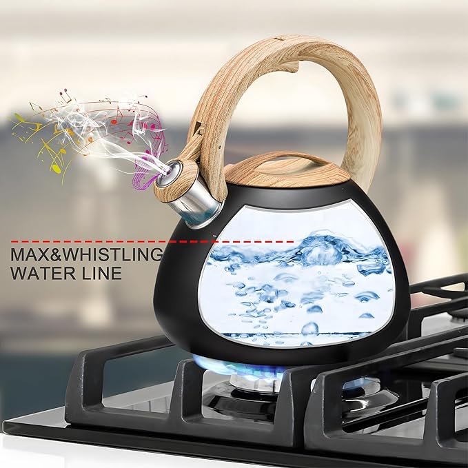 MARSKITOP Tea Kettle for Stove Top, Whistling Kettle Teapot for Stovetop, Food Grade Stainess Steel Teakettle with Cool Touch Ergonomic Handle, 2.6 Quart, Black