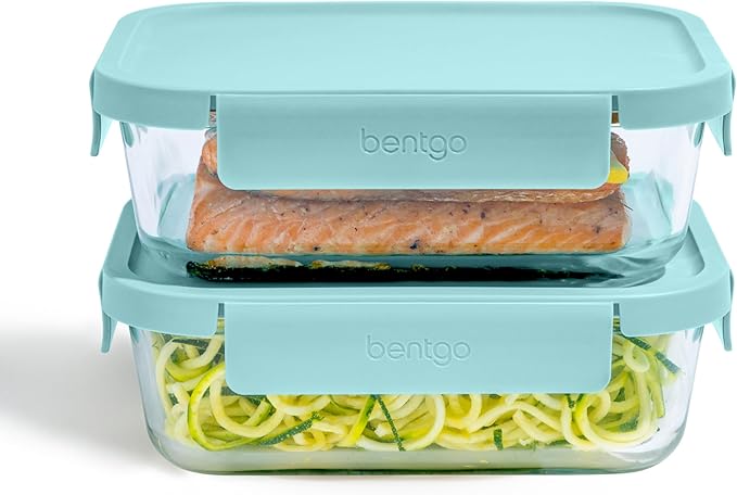 Bentgo Glass Leak-Proof Food Storage Set - 4-Piece Glass Containers with BPA-Free Airtight Lids, Reusable & Durable for Leftovers & Meal Prep - Microwave, Freezer, Oven & Dishwasher Safe (Soft Aqua)