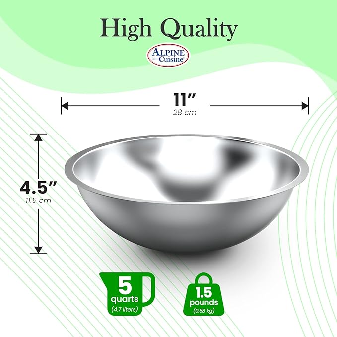 Alpine Cuisine Stainless Steel Mixing Bowls Set | Heavy-Duty Prep & Serving Bowls with Deeper Edge | Dishwasher Safe,Silver