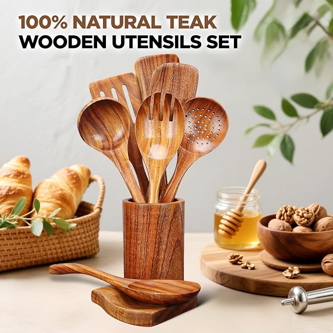 9Pcs Wooden Utensil Set with Holder and Spoon Rest - Natural Teak Wood Cooking Utensils Set, Heat Resistant and Non-stick Wooden Spoons for Cooking, Kitchen Utensils Set with Spatula