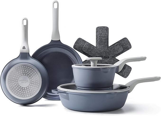 PRICUSIS Nonstick Pots and Pans Set, 9 Pieces Non Toxic Ceramic Nonstick Cookware, Healthy Omelete/Egg Skillet, Healthy Frying Pan, PTFE PFOA & PFAS Free, Induction Compatible, Gray