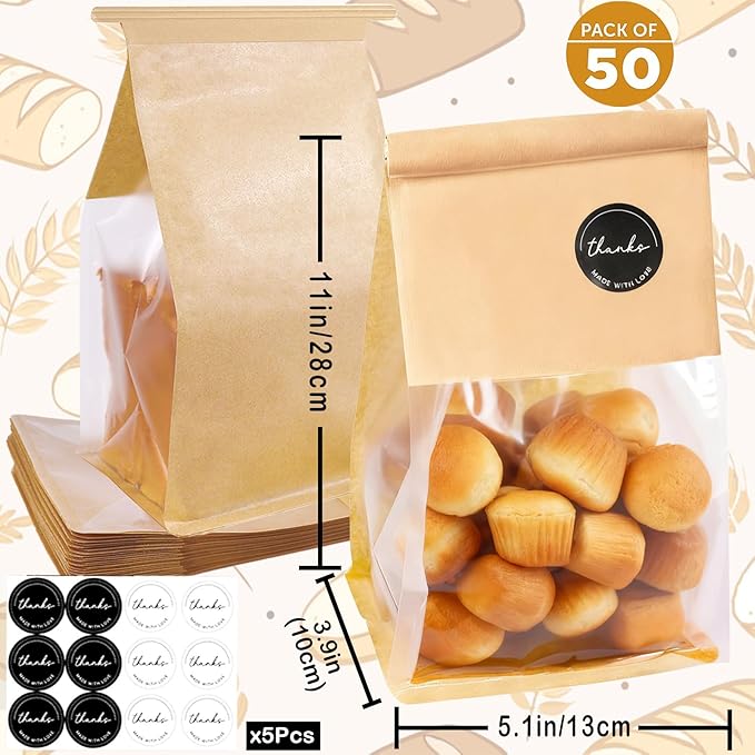 50PCS Paper Bread Bags, Bread Bags for Homemade Bread with Tin Tie Lock,Sourdough bread bags with Window,Bakery Bags for Bread,Sourdough,Cookie,Muffin,Bagels(5.1 x 3.9 x 11 Inches)