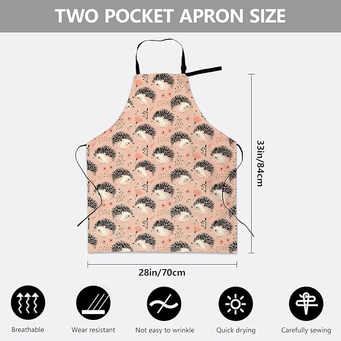Cute Hedgehog Apron, Adjustable Kitchen Adorable Woodland Design & Floral Aprons with Pockets for Cooking BBQ Gardening, 28×33 IN, Holiday Gifts for Women Wife, for Chef Baking, Oxford Fabric