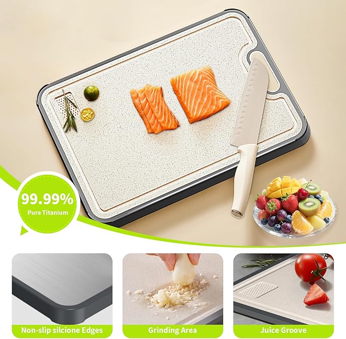 Cutting Boards for Kitchen, 2 in 1 Titanium Cutting Board, Food-Grade Double Sided Pure Titanium & Wheat Straw PP Chopping Board for Meat/Vegetables