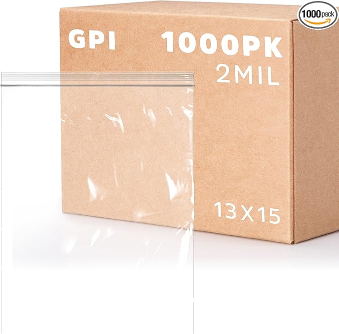 GPI Case of 1000, 2 Gallon, 13" x 15", Clear Plastic Reclosable Zip Bag - Bulk 2 Mil, Large, Strong & Durable Poly Baggies with Resealable Zip Top Lock for Travel, Storage, Packaging & Shipping.