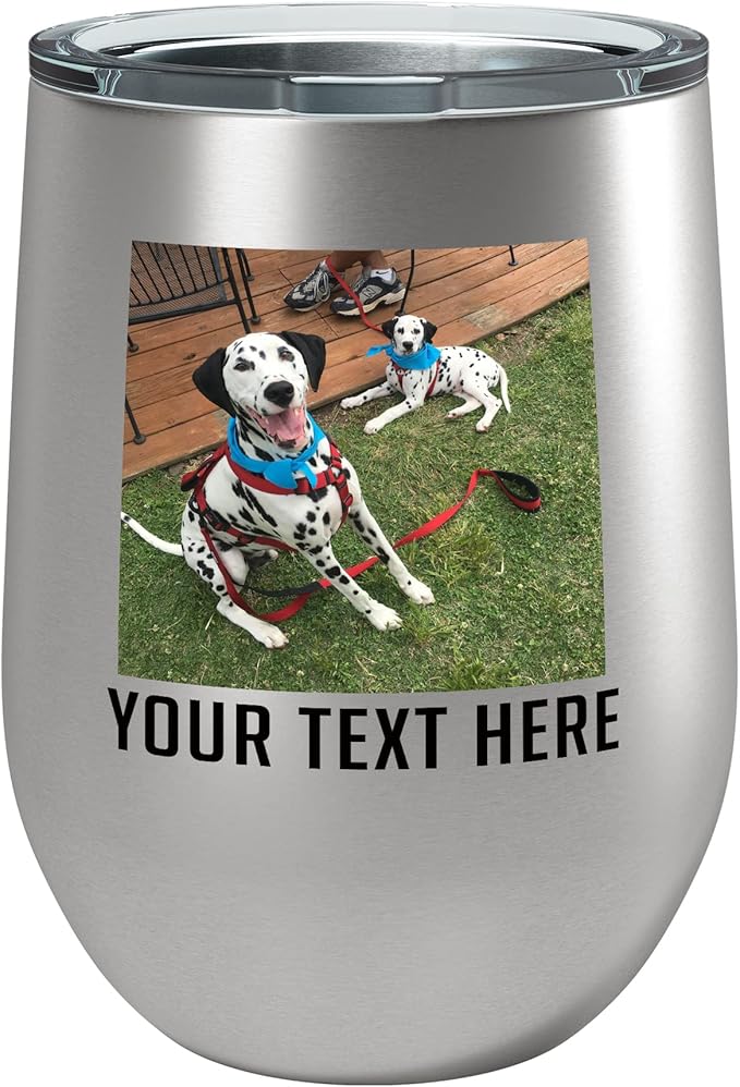 Personalized 12oz (17 Colors) Photo Picture Printed Insulated Stainless Powder Coated Stemless Wine Tumbler with Lid, Customized Gift Idea Women Her, Custom Coach Gifts Team Mom Dad (Stainless Steel)