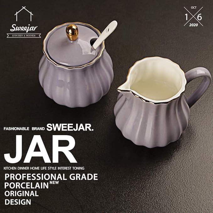 Sweejar Royal Ceramic Sugar and Creamer Set, 3 Piece Set with Cream Pitcher, Sugar Bowl, Sugar Set with Lid & Spoon, Coffee Serving Set Wedding Gift(Purple)