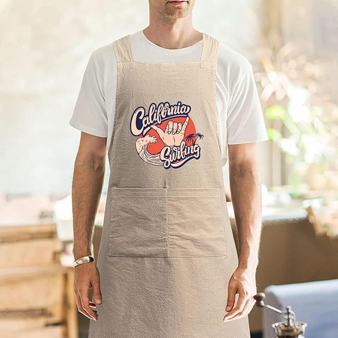 Cotton Linen Apron Non-tie Cross Back Kitchen Apron with Pockets Soft Comfortable Durable for Cooking Baking Gardening (Khaki)