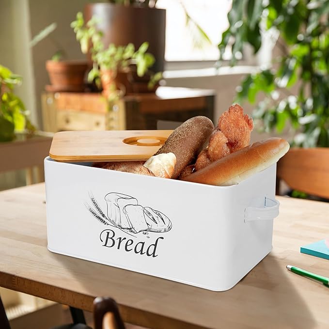 SOTECH Bread Box with 3pcs Jars Coffee Sugar Tea for Kitchen Countertop White Metal Bread Box with Bamboo Board Cover Pastry Storage Container Set Kitchen decor (White Box and Jars)
