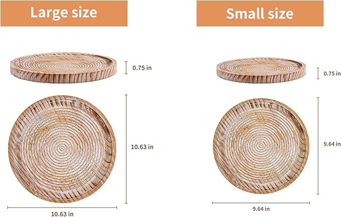 Rustic Wooden Serving Tray Set of 2 Round Wood Decorative Tray Centerpiece Dining Room Table Farmhouse Platter for Food, Fruit, and Coffee Great for Bed, Patio, Ottoman, Coffee Table, Kitchen or Party