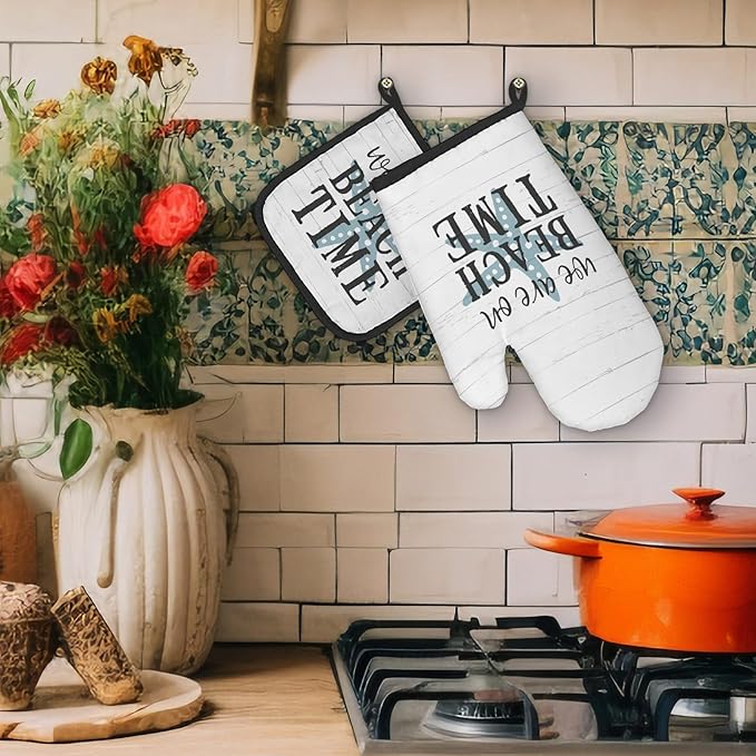Beach Themed Gifts Oven Mitts and Pot Holders Sets, Coastal Beach House Kitchen Accessories Sets, Rustic We are on BeachTime Heat Resistant Oven Glove Potholders for Kitchen Cooking Baking BBQ