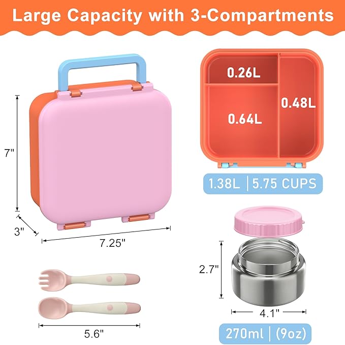 Bento Box for Kids with Soup Thermos(9oz)– Kid Bento Lunch Box with Leak Proof Insulated Food Jar, Hot & Cold Lunch Container Set for School Girls Boys, 4-Compartments, Pink/Orange