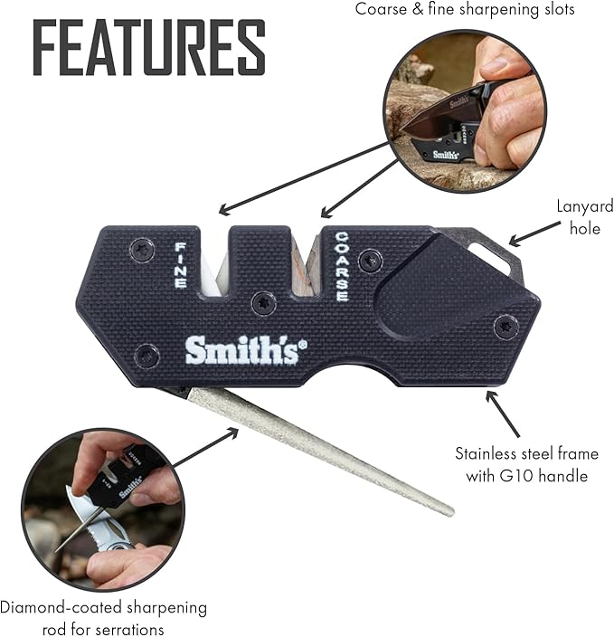 Smith’s Pocket Pal Tactical Knife Sharpener - 2 Stage Sharpener & Diamond Sharpening Rod - Pocket Clip - Outdoor Hunting Knife & Hook Sharpener - Compact & Lightweight