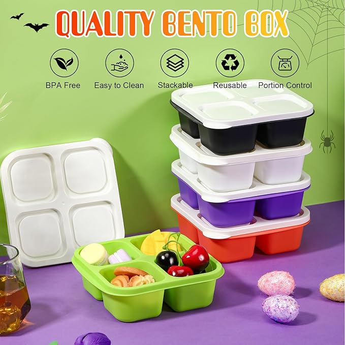 Honeydak 5 Pack Snack Containers 4 Compartment Bento Snack Boxes Reusable Lunchable Containers with Lids Divided Meal Prep Lunch Food Storage Box for School Work Travel(Halloween,Equal)