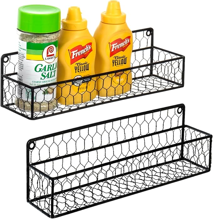 MyGift 2 Pcs Spice Rack Wall Mount, Small Seasoning Shelf Organizer, 12-Inch Chicken Hanging Kitchen Condiment Storage Display, Black Wire