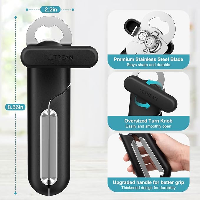 Ultrean Manual Bottle Opener Can Opener, Heavy-Duty Stainless Steel Manual Handheld Can Opener with Smooth Edge, Ergonomic Thick Handle, Rust Proof, Oversized Easy Turn Knob-Black