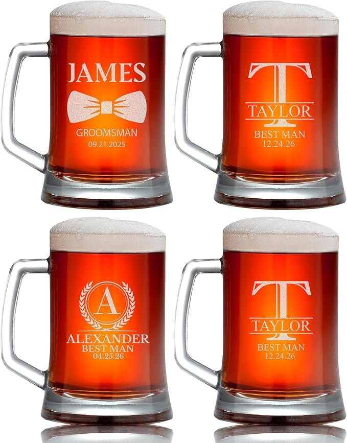 Personalized Groomsmen Gift, 17oz Beer Glass with Handle, Custom Beer Mug Best Man with Etched Name, Engraved Gifts for Wedding Favors, Best Man Proposal Gifts, Bachelor Party