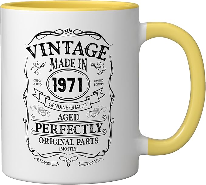 54th birthday, retro Vintage Design, man, woman 1971 Ceramic Mug, Yellow/White