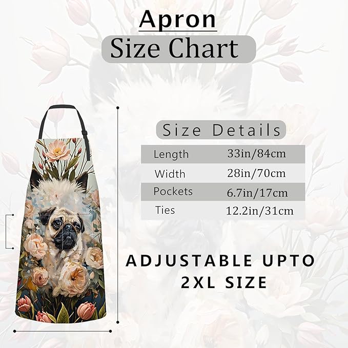Pug Floral Apron,Oxford Fabric Adjustable Kitchen Apron with 2 Pockets,Waterproof Cooking Aprons for Men Women Mom Wife Dad,Ideal Gifts for Coffee House,Shop,Baking,BBQ,Housewarming,28x33in