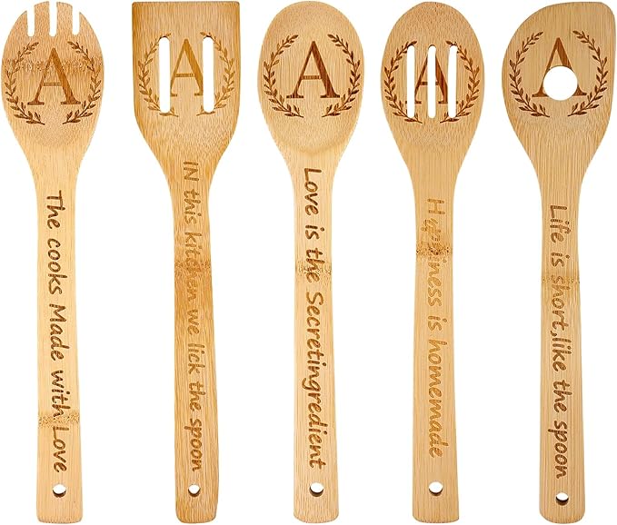 5PCS Initial Wooden Cooking Spoons Initial Gifts Kitchen Decor Personalized Customized Monogrammed Birthday Gifts for Women Mother,New Mom,Teacher,Wife,Daughter,Sister,Housewarming Wedding (Letter A)
