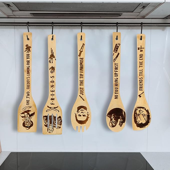 5Pcs Horror Movie Merchandise - Wooden Spoons for Cooking, Halloween Kitchen Accessories, Engraved Bamboo Cooking Utensils, Horrors Movie Decor, Horrors Movie Gifts