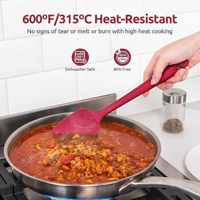 U-Taste 600ºF Heat Resistant Silicone Spatulas: Flexible Food-Grade Silicon Baking Scraper, Kitchen Cooking Mixing Utensils with Upgraded Sturdy Handle Tip for Nonstick Cookware (4-Pc., Red)