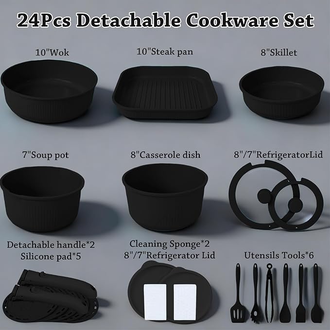 24 Pcs pots and pans set,pots and pans set non stick,Oven-safe and dishwasher-safe,PFAS/PFOA Free,Induction Dishwasher Oven Safe cookware set (Black)