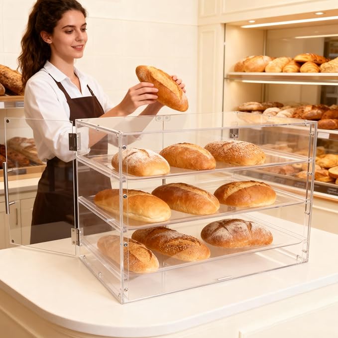 Bakery Display Case for Commercial Countertop, Acrylic 3-Tier Large Pastry Storage Box with Magnetic Door and Removable Tray for Dessert Donut Bread Cake Cupcake Cookie 21" x 16.2" x 14.2"