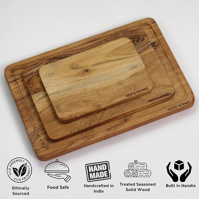 Vesta Homes Cutting Boards for Kitchen, Large Wood Chopping Board Set of 3 | Acacia Charcuterie Board | Wooden Trays for Meat, Serving Board for Fruit, Vegetables and Cheese | (15x10, 12x8, 9x6 inch)
