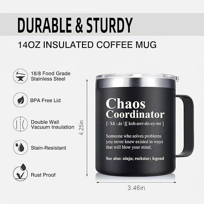 Chaos Coordinator Mug Tumbler 14oz - Christmas Gifts for Men, Boss, Coworker, Manager, Office, Teacher, Nurse - Thank You Birthday, White Elephant Gifts for Adults - Black