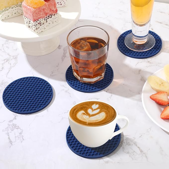 Silicone Coasters Set of 8 Holder,Coasters for Drinks,Beer,Coffee Coasters,Suitable for Kinds Cups,Hot or Cold,Anti-SLI,Non-Stick,Anti-Overflow Tabletop Protection and Decor (12 Pcs, Navy Blue)