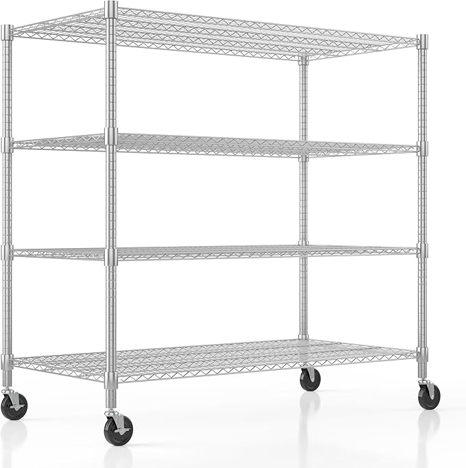 Homdox Heavy Duty Metal Shelves for Storage, 4 Tier Storage Racks and Shelving, Commercial Adjustable Wire Shelving Unit on Wheels, Garage Rack Pantry Shelves Kitchen Shelving, 24"x48"x72", Chrome